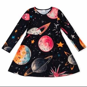 Girls Space Print Long Sleeve Dress | Size 7/8 | Galaxy Stars